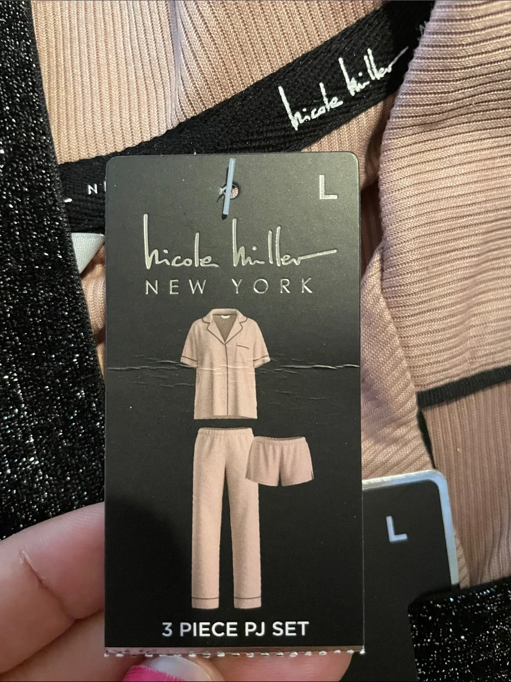 Nicole Miller Blush Pink Three-Piece Pajama Set with Black Trim - Picture 2 of 3